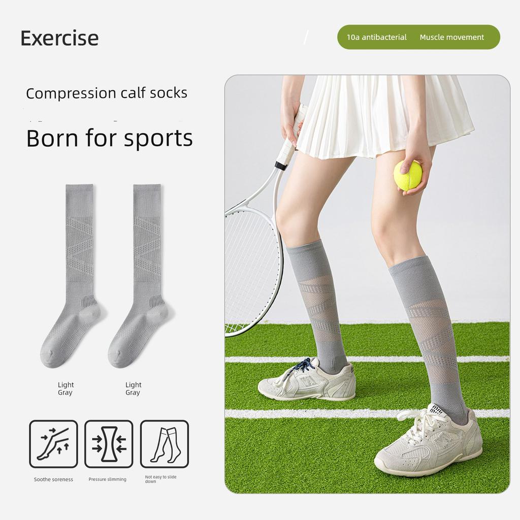 Sports Pressure Socks for Women, Summer Thin Style, White Calf Socks for Badminton, Professional Outdoor Fitness Long Tube Tennis Socks