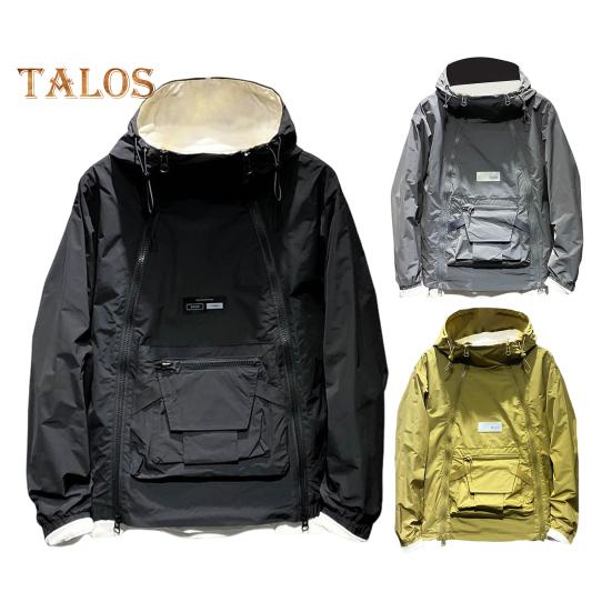 Men Trench Coat Hooded Drawstring Long Sleeve Double Zipper Cargo Tops Solid Color Large Pocket Street Style Outwear
