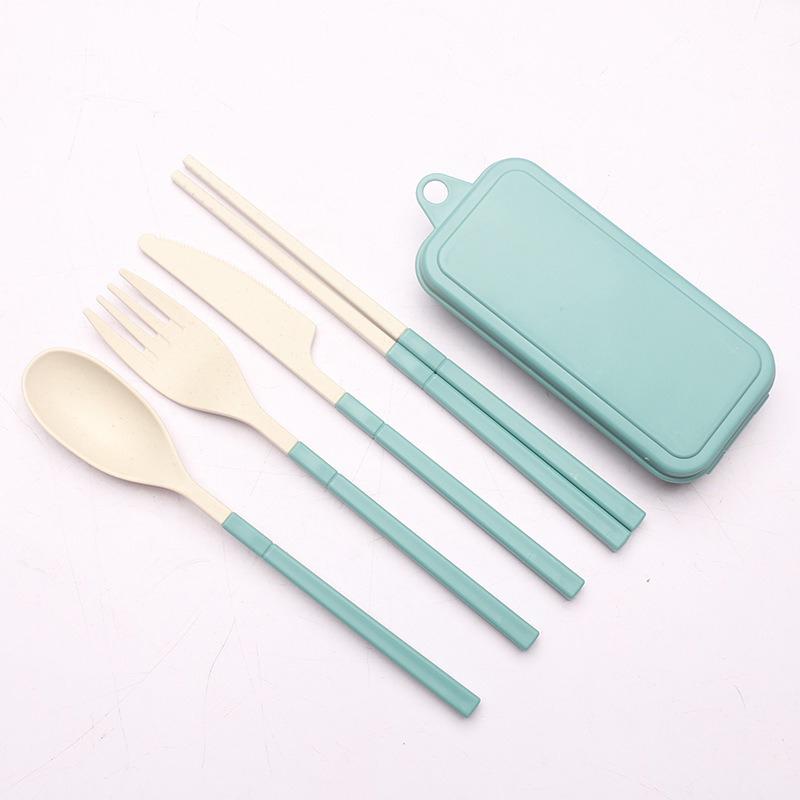 4Pcs Portable Plastic Cutlery Wheat Straw Dinnerware Set Detachable Outdoor Camping Cutlery Set Lunch Box Cutlery Set DCS004