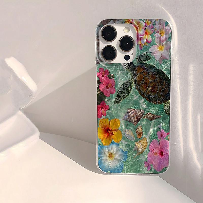 Zeeschildpad Strandpatroon Telefoonhoesje Voor iPhone 16 15 14 13 12 11 Pro Max XS X XR 7 8 Plus 16E Schokbestendig Laser Bumper Achterhoesje iPhone 11