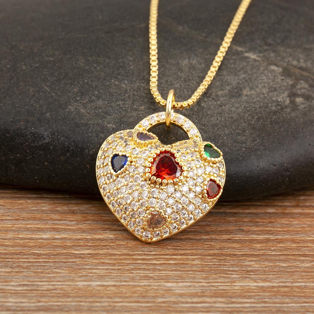 Nidin New Fashion Heart Shape Hollow Design Delicate Pendant Necklace For Women Men Inlaid Colorful Zircon Jewelry Birthday Gift