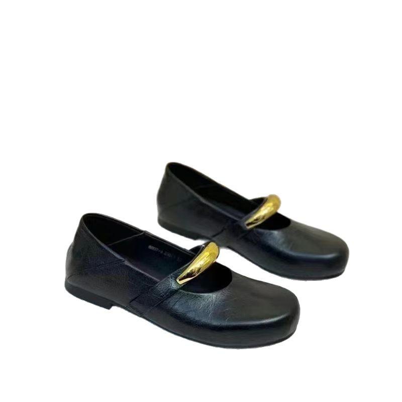 Real Soft Leather Hand-scratched Red Mary Jane Single Shoes Women's 2025 Spring New Versatile Shallow Mouth Flat-soled Single Shoes