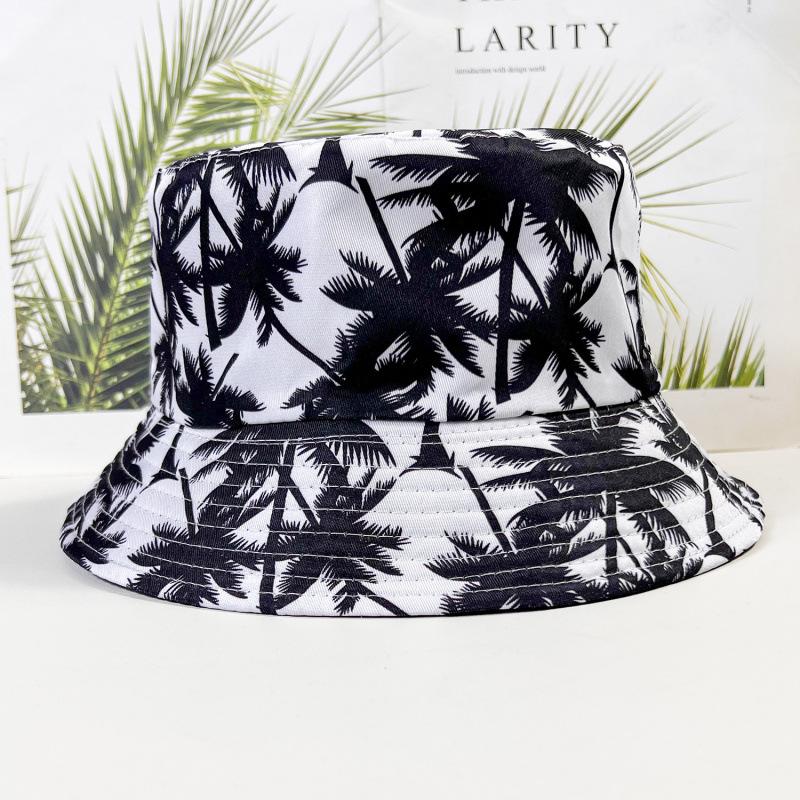New double-sided coconut tree printed bucket hat for men and women outdoor travel leisure basin hat sunscreen sun hat tide