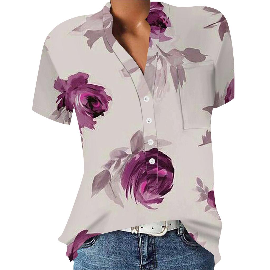 Lässige, bedruckte, kurzärmelige Hemdpullover mit V-Ausschnitt und lockeren Blusenoberteilen für Damen