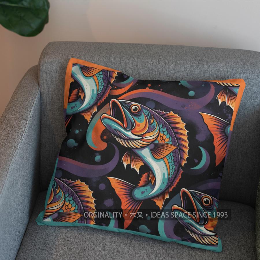 2D Colorful Fish On Mosaic-Patterned Pillow Cover Pattern Cushion Cover Suitable For Sofa Bedroom Car Pillow Cover