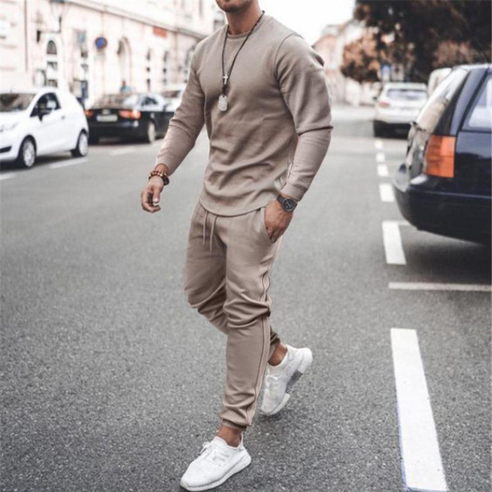 Men's Daily Casual Solid Color Long Sleeved Pants Round Neck Set