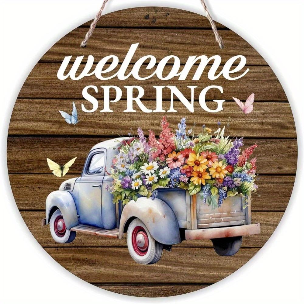 1pc 2d Flat Retro Round Wooden Sign Flower Market Flower Truck, Novel and Interesting Garage Bar Kitchen Home Family Friend Gift Wooden Sign- 20cm