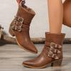 Fashion Women's Boots Fashion Pointe Leather Boots Side Zip Ankle Boot Belt Buckle Design High Heels Boots for Women Retro Western Botas