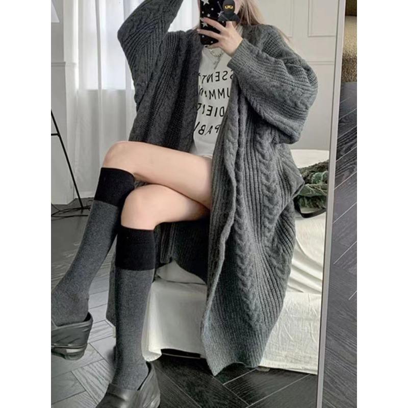 Vintage Lazy Style All-match Knitted Hemp Pattern Autumn and Winter Loose Thick Warm Long Cardigan Sweater Coat Women's Clothing