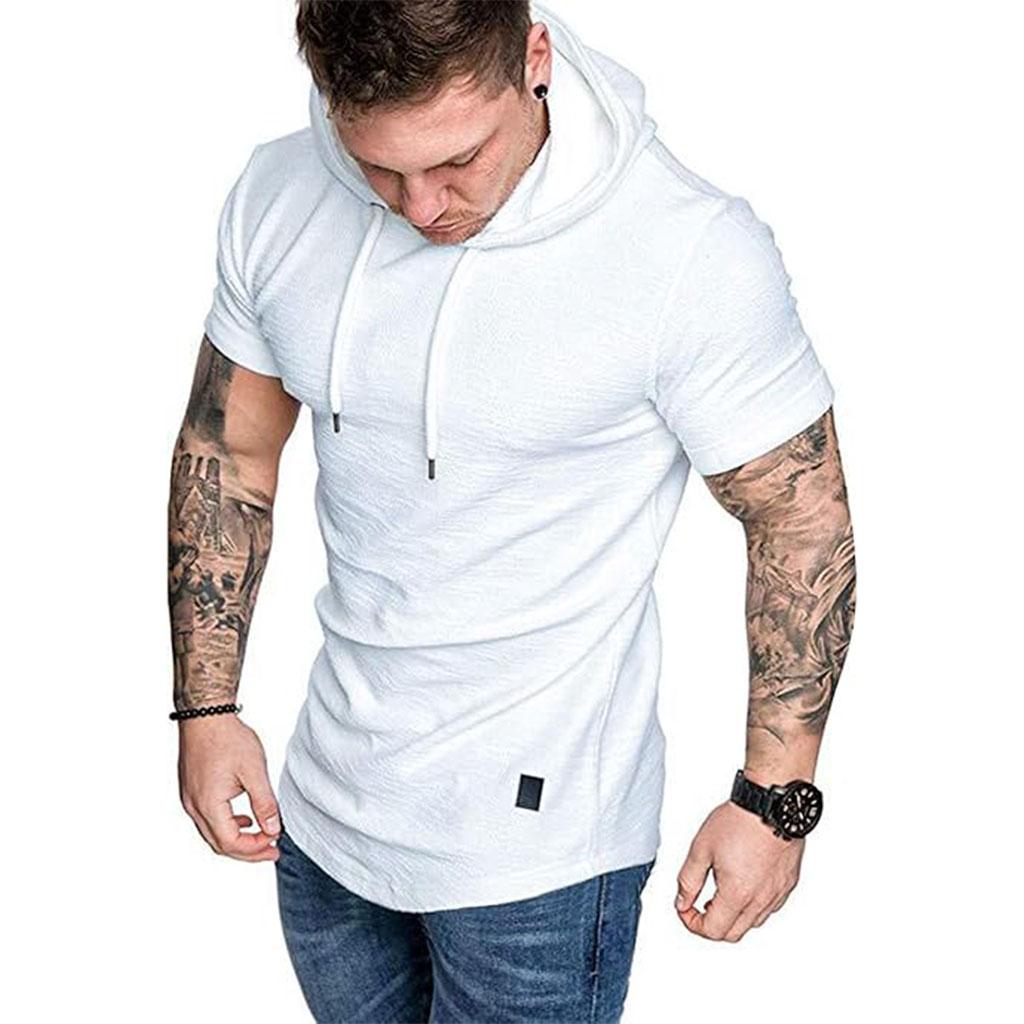 Spring Collection Men's Stylish Short Sleeve Hoodie with Front Pocket & Branded Patch - Casual Athletic Wear