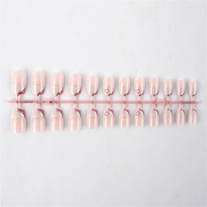 24 Pcs Short Square False Nail with Heart Artificial Nail Valentines Day Press On Nail French Tip Stick on Nail