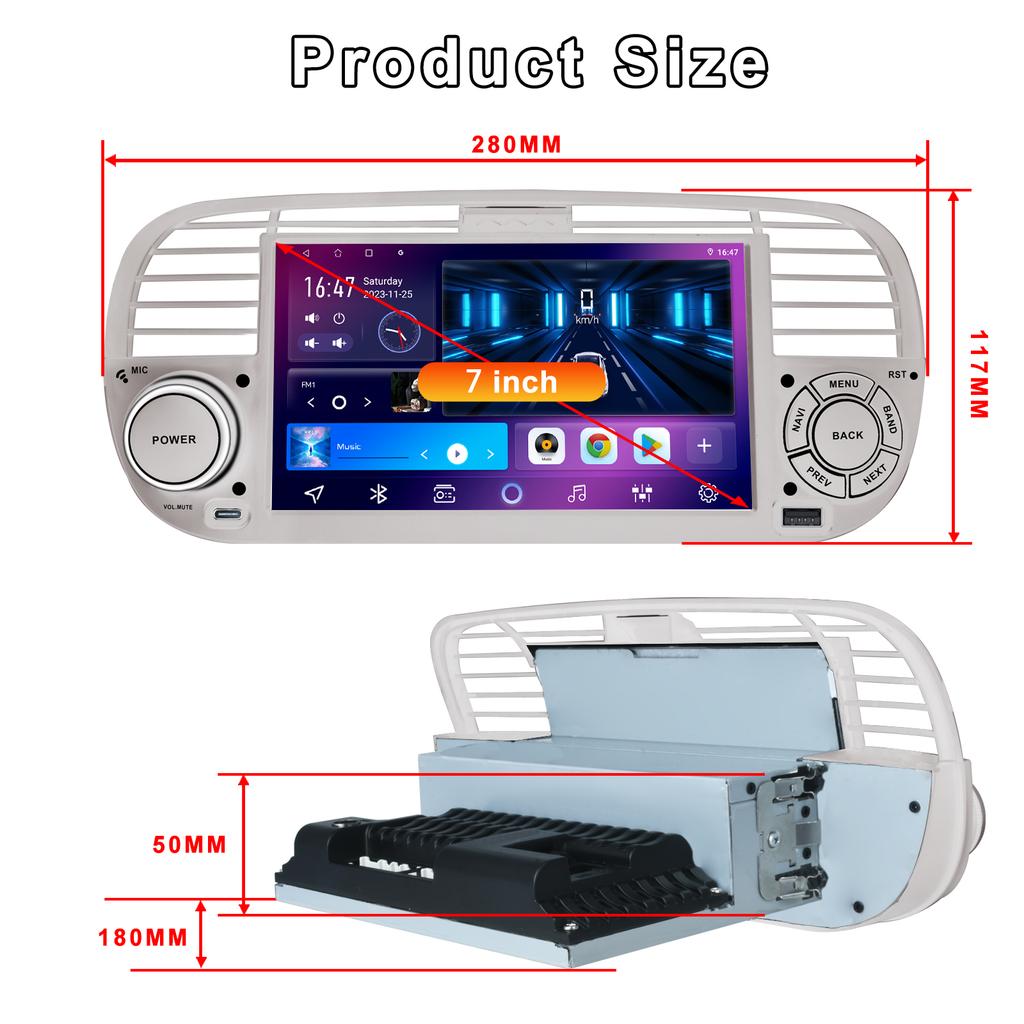 7" Android-Autoradio für FIAT 500 2007-2015 Multimedia-Player GPS-Navigation Autoradio Unterstützung Carplay BT DAB OBD2 TPMS