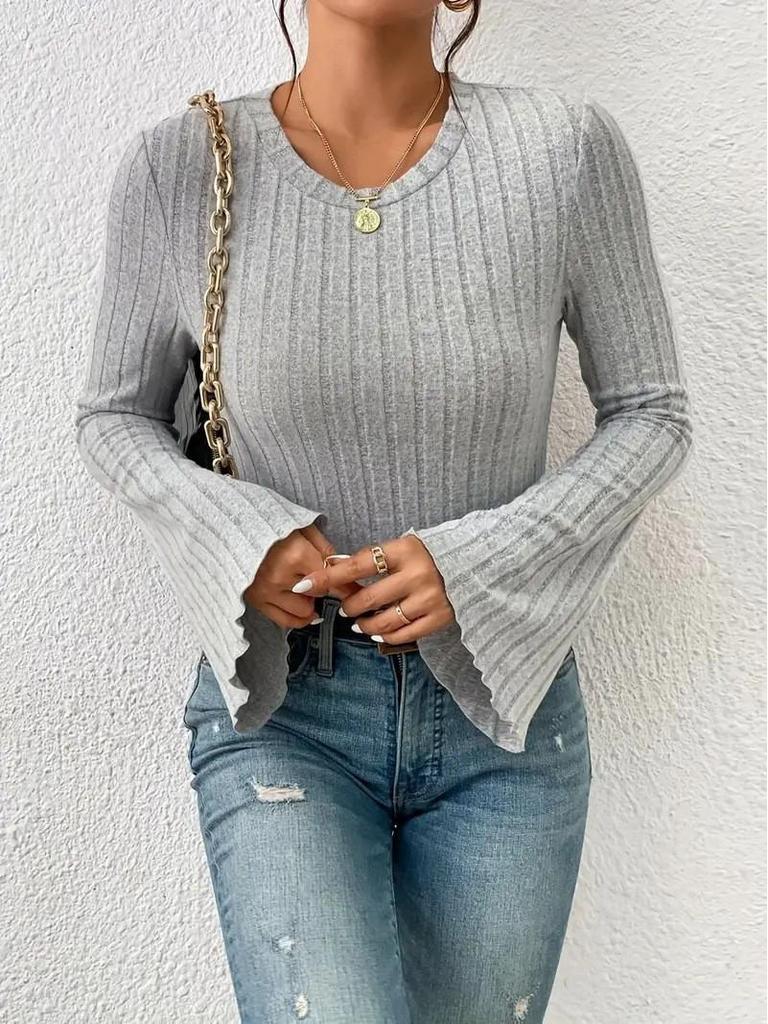 New 2023 Autumn Long Sleeve Round Neck Lapel Flared Sleeve Shirt