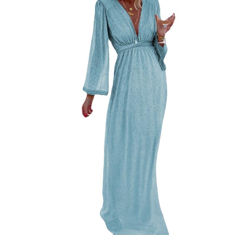 Aprikosfarbenes V-Ausschnitt Langarm Paillettenkleid - Damenmode Auf Lager