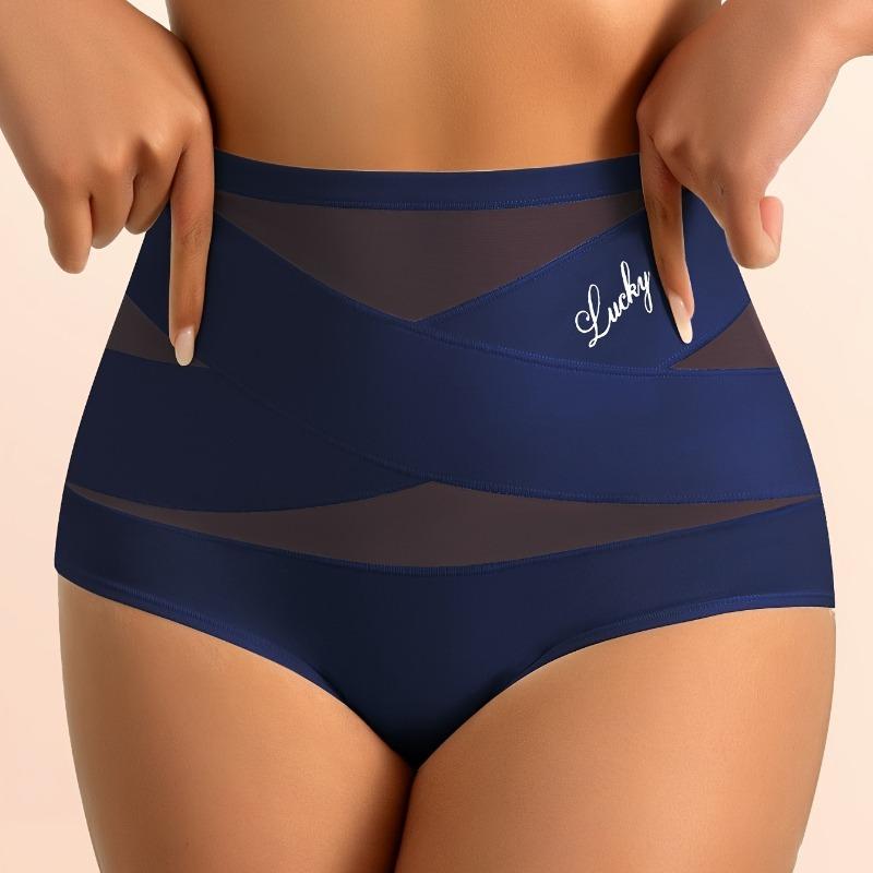 Women's Simple Solid Color High-Waist Breathable Mesh Triangle Panties with Crisscross Texture Design, Tummy Control, Butt Lifting, Seamless Shaping
