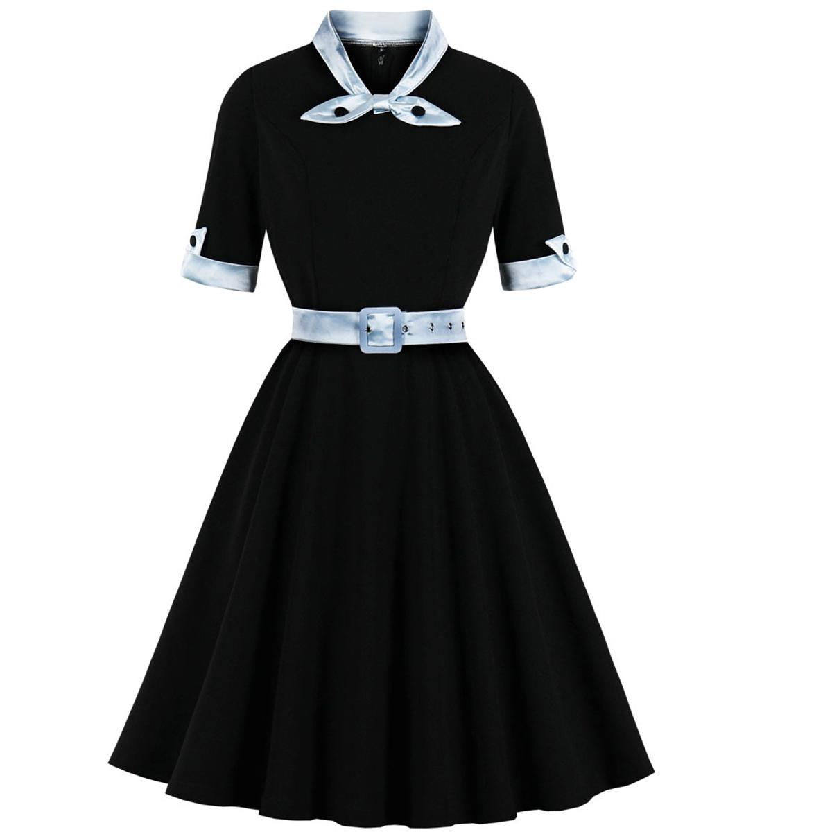 

Платье-миди в стиле 50-х годов для женщин, с v-образным вырезом и рукавами 1/2, с поясом, расклешенными вечерними платьями, женская одежда для вечеринок и выходов в свет XXL чёрный/светло-синий