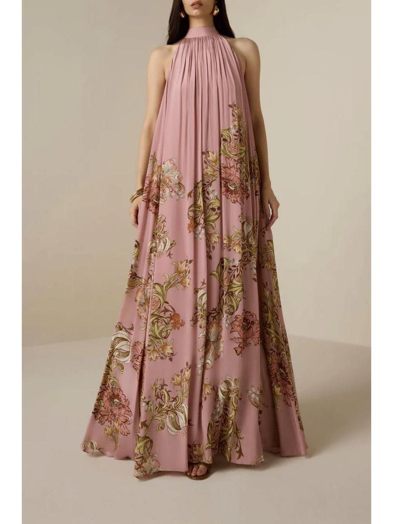 Elegant European and American High Neck Tie-up Print Loose Holiday Dress