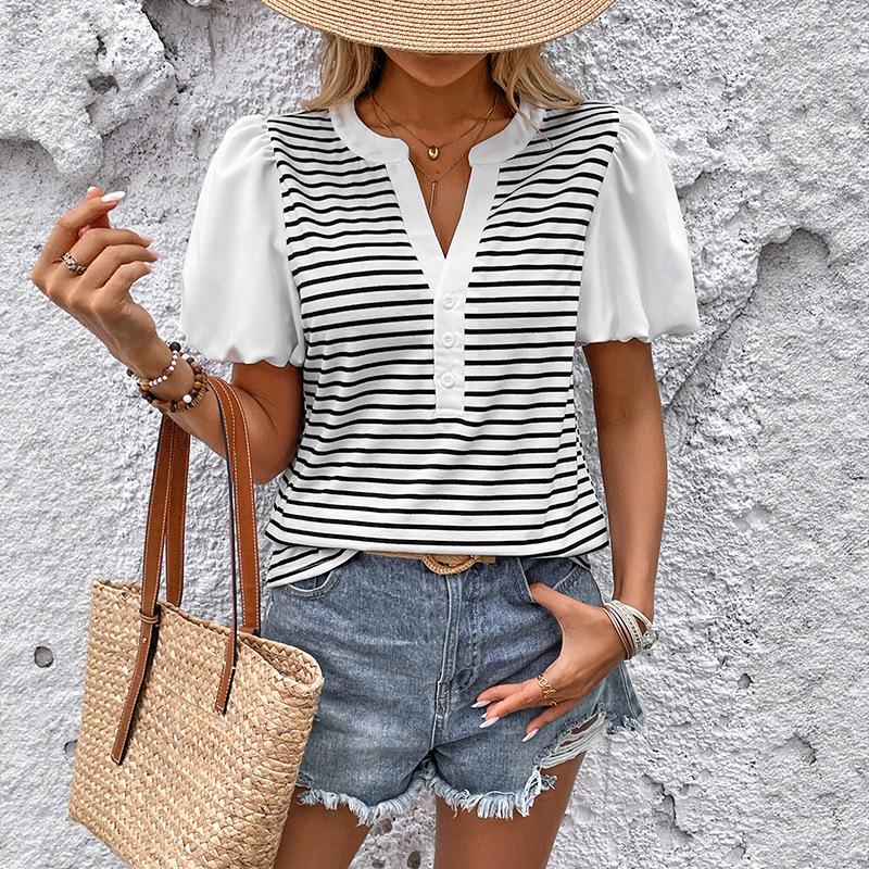 Baifenzhiyi 2026 Women's Striped Patchwork V-neck Puff Sleeve Casual T-shirt