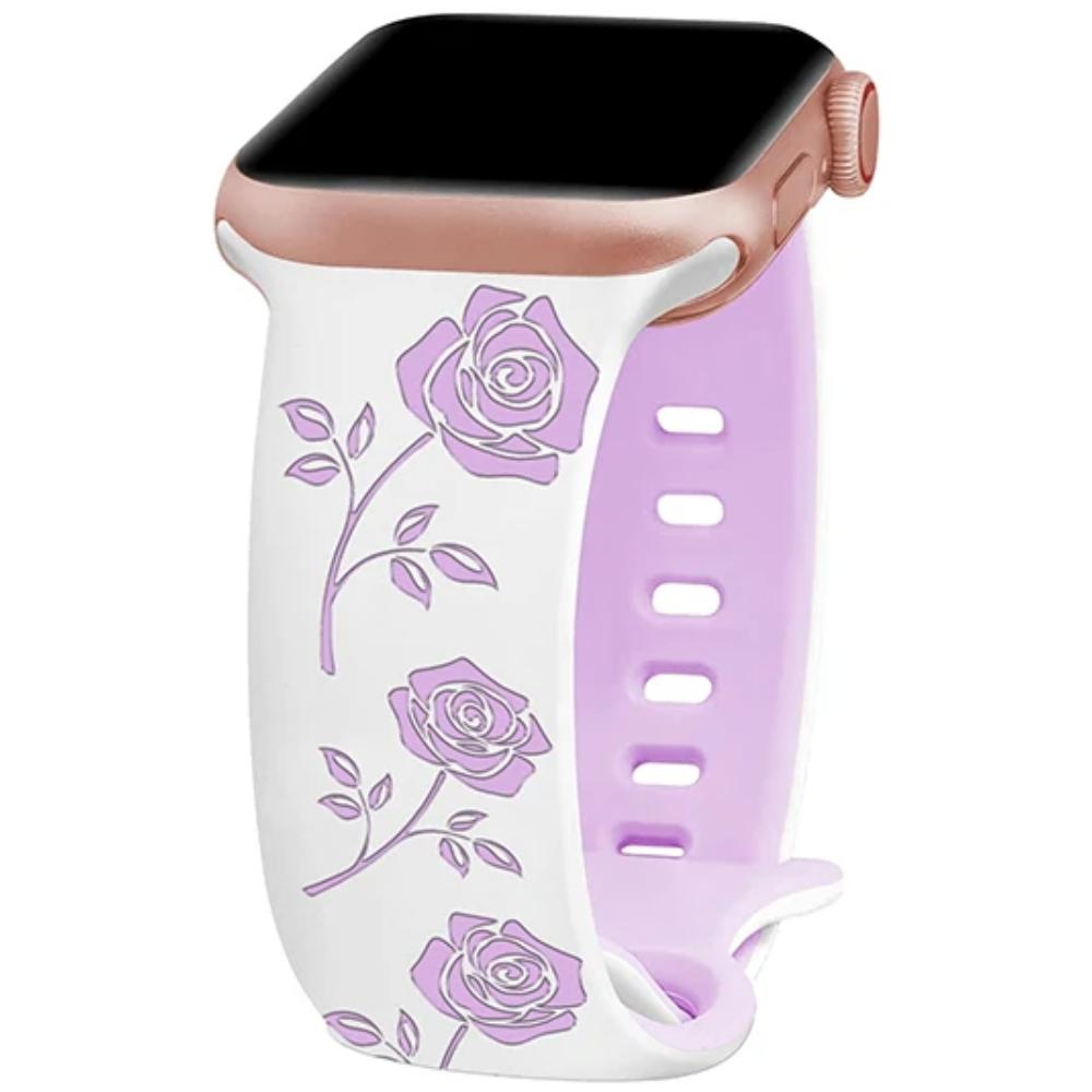 Two-Tone Flower Engraved Watch Band 46mm Compatible with Apple Watch Series 10 42mm 38/40/41/44/45/49mm for Women Rose Flower Soft Straps