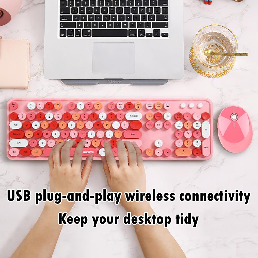 USB Wireless Keyboard and Mouse with Multicolor Round Cute Candy Compatible with Laptops and PCs 2.4G Typewriter-Style Keycaps, Colors, (Pink 2)