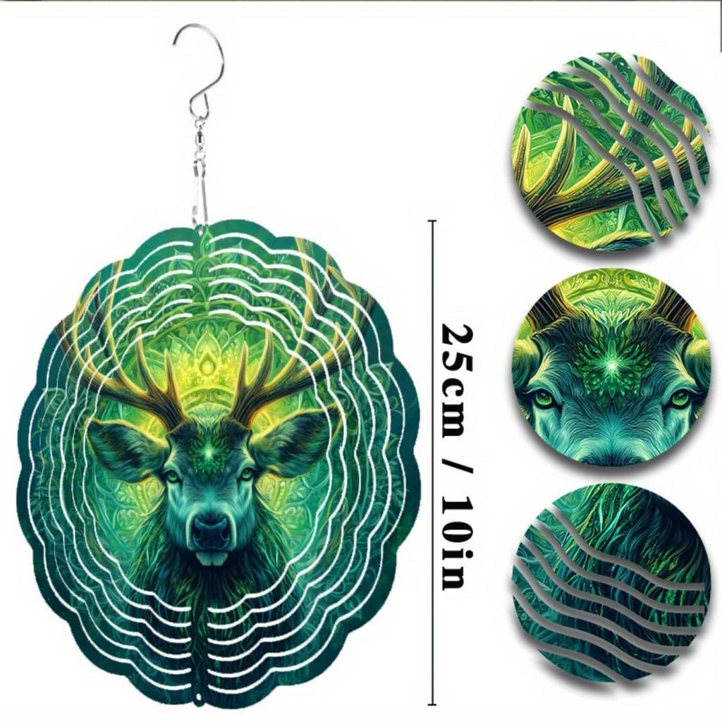 Artistic Deer Wind Chime 25cm with 360 Hanging Hook Intricate Metal Design Vibrant Green Yellow Patterns for Outdoor Garden Patio Balcony Decor