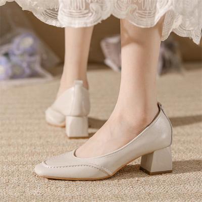 Γυναικείες Γόβες Κομψές Τετράγωνη Μύτη Μονές Γόβες Γνήσιο Δέρμα Μεσαίο Τακούνι Παπούτσια Φορέματος Τετράγωνο Τακούνι Slip-on Βασική Γόβα