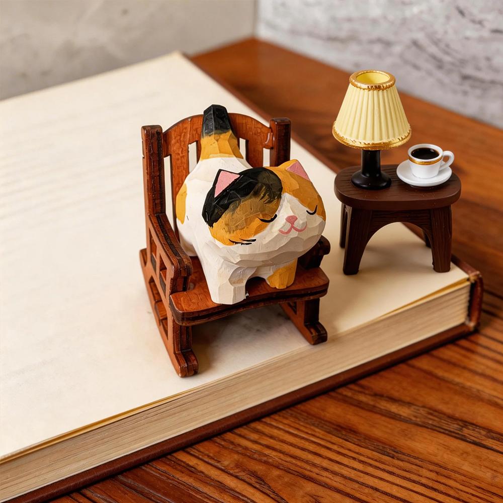 Cute Cat Animals Figurine Decorative Wooden Ornament Miniature Kitten Coffee Home Bedroom Office Desk Decoration Gift Statue