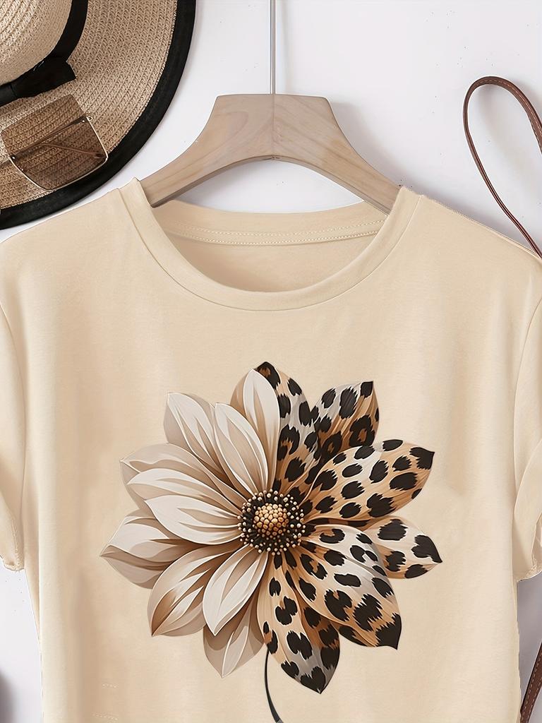 Neues Damen Retro Blumen- und Leopardenmuster Rundhals Kurzarm T-Shirt Freizeit- und Urlaubskleidung Urban Style Bedrucktes T-Shirt