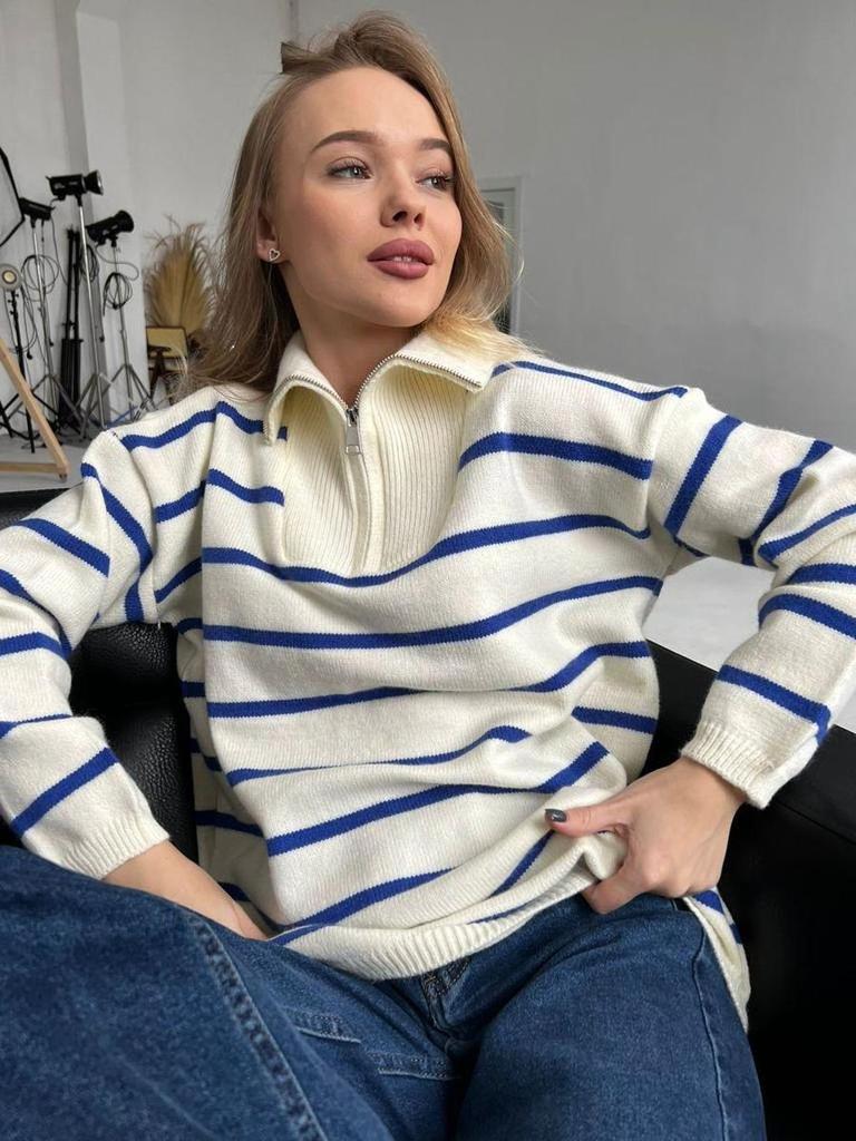 Europeisk och Amerikansk Färgblock Randig Halvdragkedja Stor Storlek Stickad Tröja Kappa