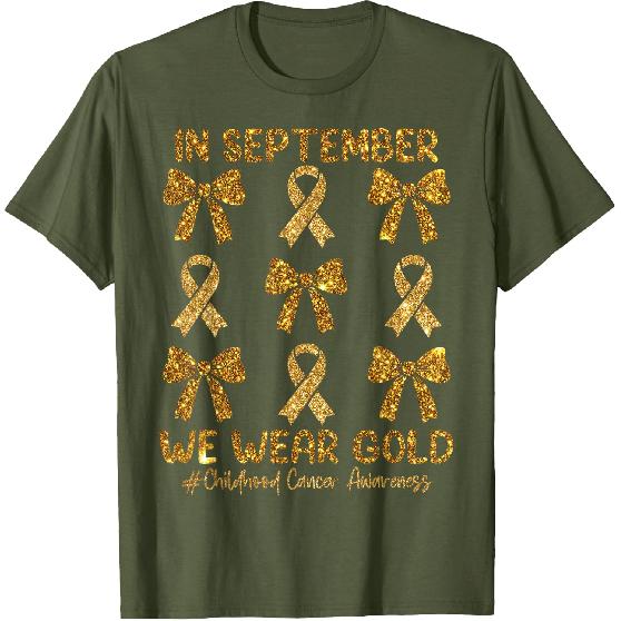 in September We Wear Gold Ribbon Bow Childhood Cancer Girls T-Shirt
