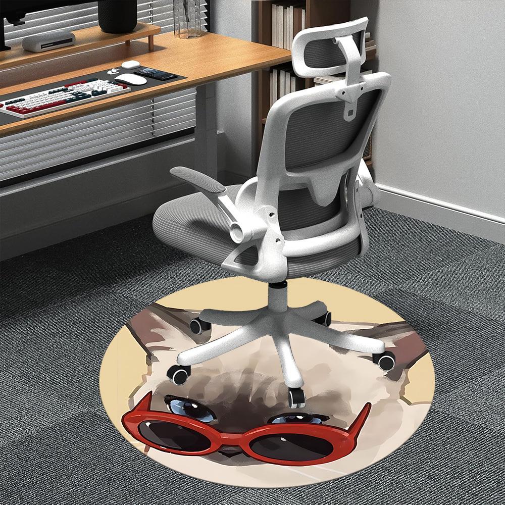 1PC Cat Sunglasses Office Round Area Rug, Mat Suitable ForOffice, Under Office Chairs Bedroom Living Room Home Decor, Room Deco