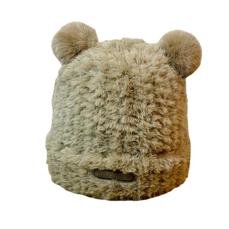 Large Head Circumference Soft and Cute Bear Ear Plush Hat for Women, Warm and Face-Slimming, Loose and Sweet Ear Protection Hat for Autumn and Winter