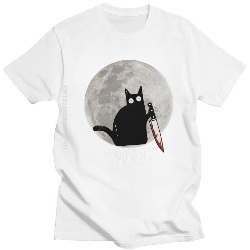 What Cat Full Moon Tshirt Men T Shirt Trendy Funny Halloween Black Murderous Cat With Knife TShirts Cotton Tee Free Shipping S