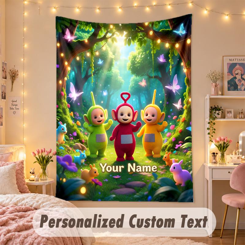Custom Personalized Tapestry,Teletubbies Print Custom Name Text Wall Art Hanging for Bedroom