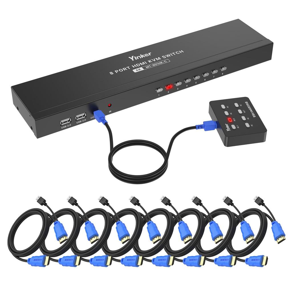 KVM Switch HDMI 8 Yinker USB HDMI Rack KVM Console 8 Input 1 Output with 9 Cables 4 USB Hub Desktop Selector IR Remote Rack Ears Port, 4K@30Hz 2.0 &