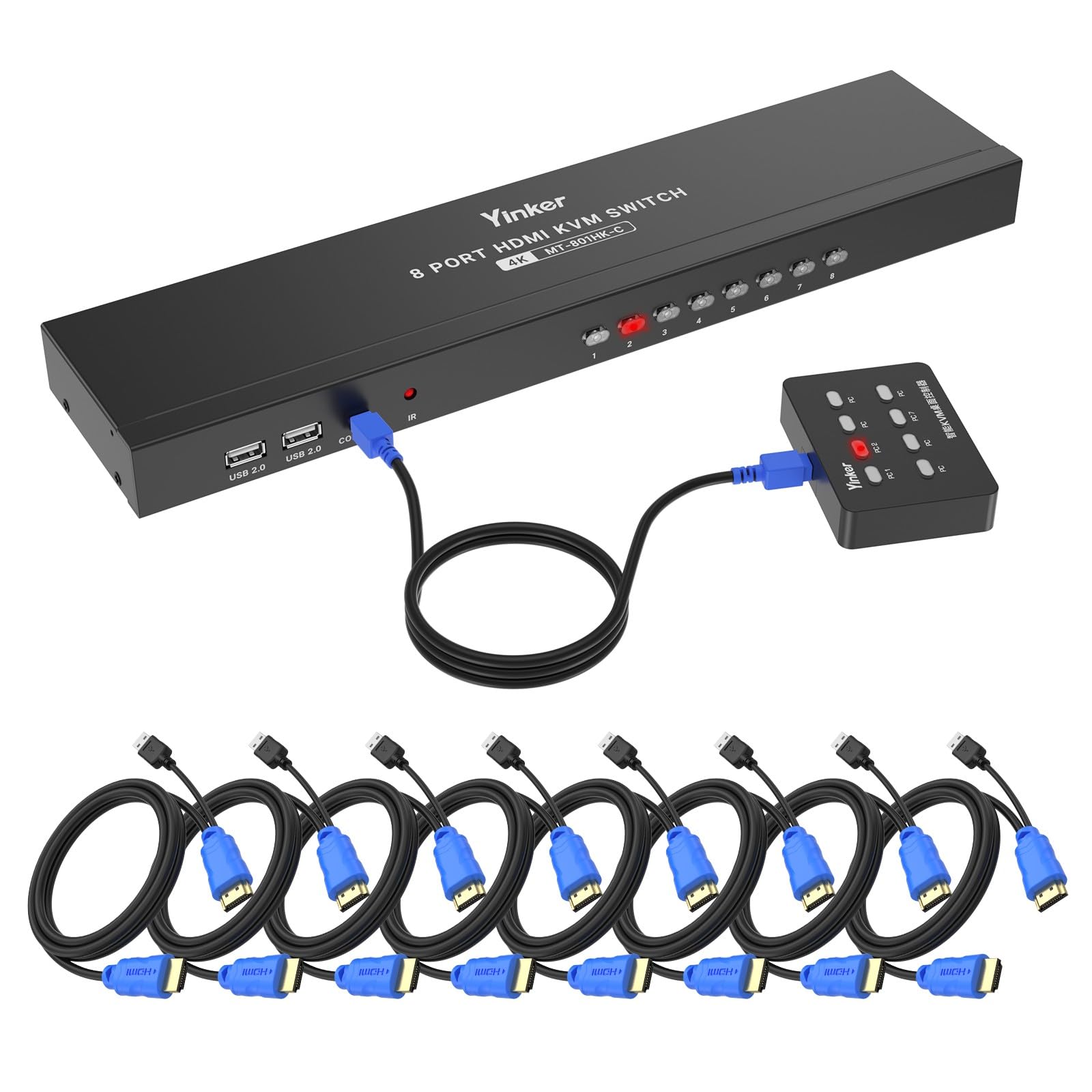 

KVM-переключатель HDMI 8 Yinker USB HDMI Rack KVM-консоль 8 входов 1 выход с 9 кабелями 4 USB-хаб Настольный селектор ИК-пульт Рэковые уши Порт, 4K@30Hz 2.0 &