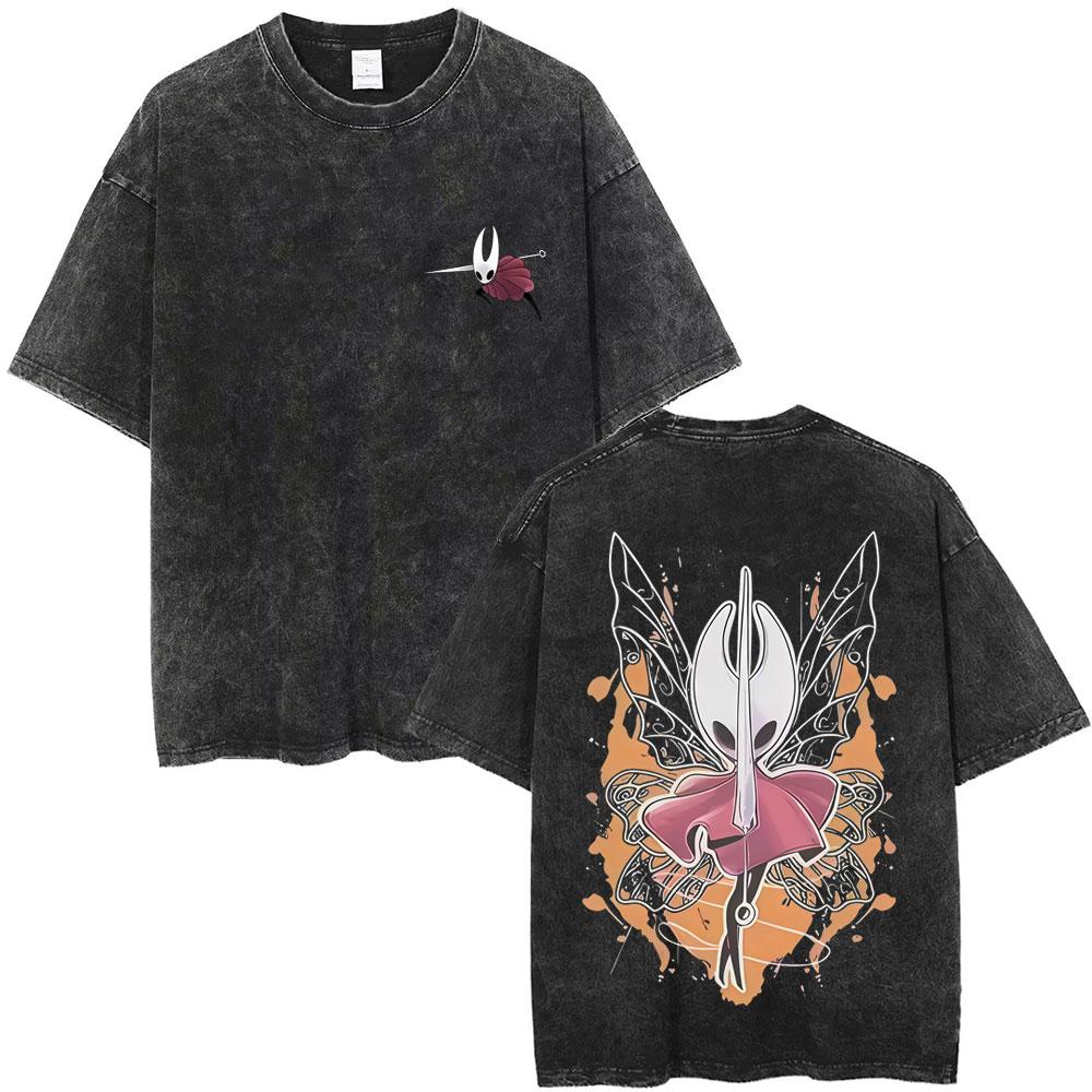 T-shirt Vintage Lavé Imprimé Graphique Hollow Knight Homme Femme Mode Décontracté Oversize Streetwear