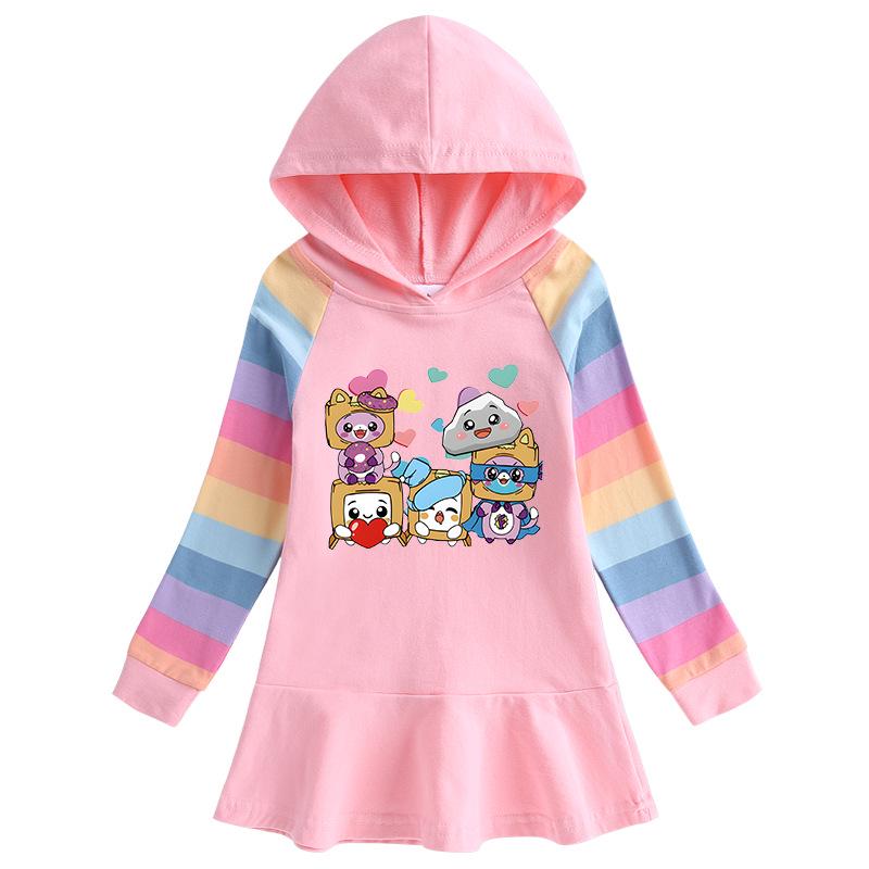 2026 Spring/Autumn Girls' Ruffle Rainbow Cartoon Hooded Long Sleeve Sweatshirt Dress