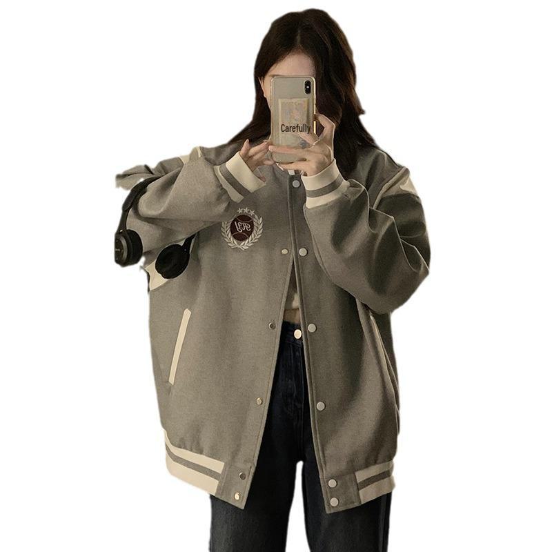 Damen Graue Retro College-Stil Baseballjacke - Frühling/Herbst 2024: Neues Spleißdesign, lässiger Stehkragen.