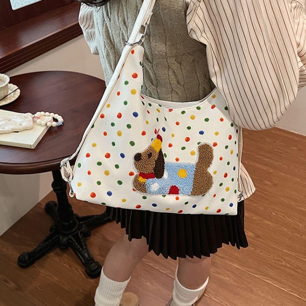 Y2k Puppy Embroidery Shoulder Bag Dopamine Cartoon Handbag Casual Polka Dot Tote Bag Daily