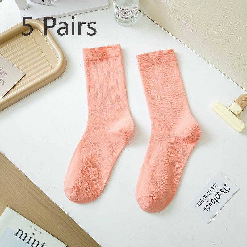 5 Pairs Socks Women's Mid-calf Socks Autumn and Winter Solid Colour Cotton Thickened White Thigh-high Stacked Socks Morandi Bone-less Monthly Socks