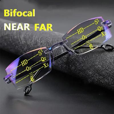 Bifocal Progressive Reading Glasses Diamond-Cut Men Blue Light Blocking Multifocal Eyewear Ultralight Rimless Eyeglasses