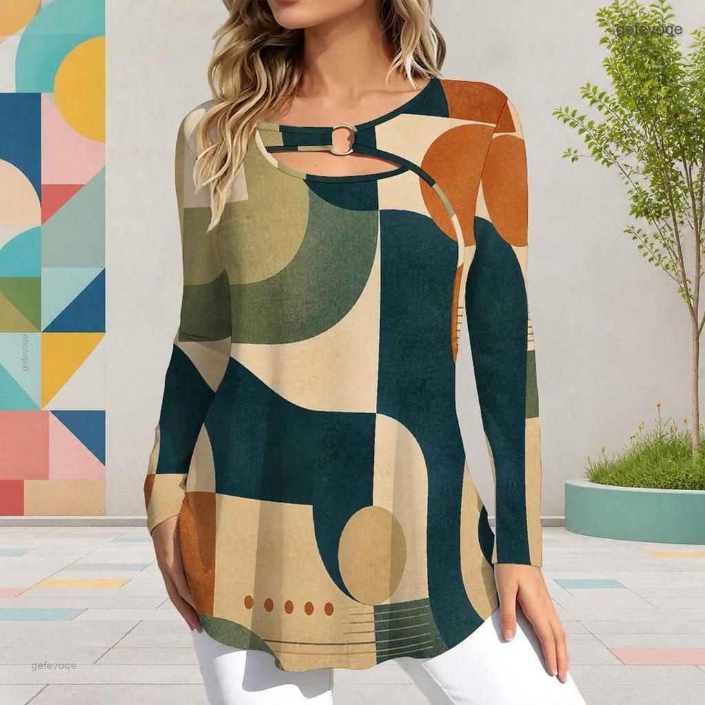 Women Plus Size Keyhole Ring Neck Long Sleeve Printed T Shirt Pink Grey White