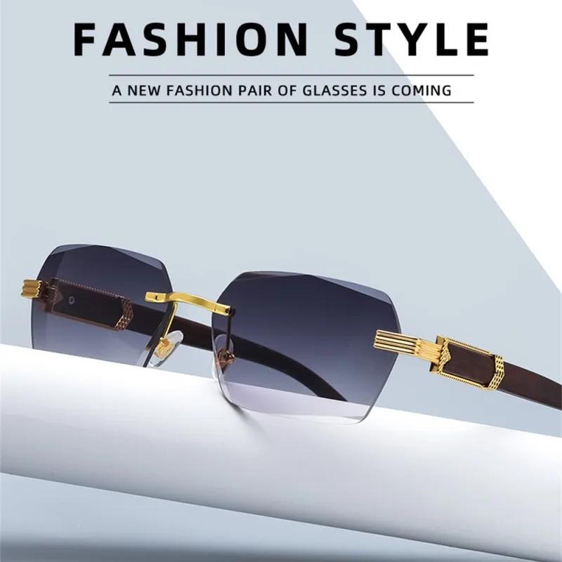 Men Luxury Rimless Sunglasses Rectangle Anti UV400 Lens with Wooden Grain Leg Unisex Women Retro Shades Lentes Hombre