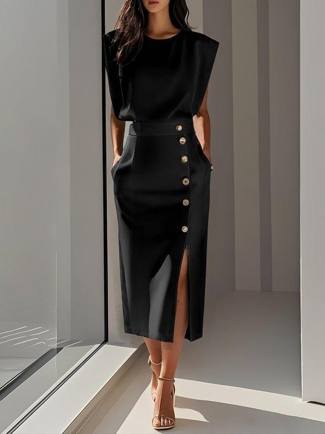 Cross-border Europe, America and  Amazon Fashion Apricot Round Neck Waist Split Button Summer Dress Women