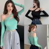 Women Asymmetrical Strapless Slim Sexy Navel Exposed Long Sleeve T Shirt Tops