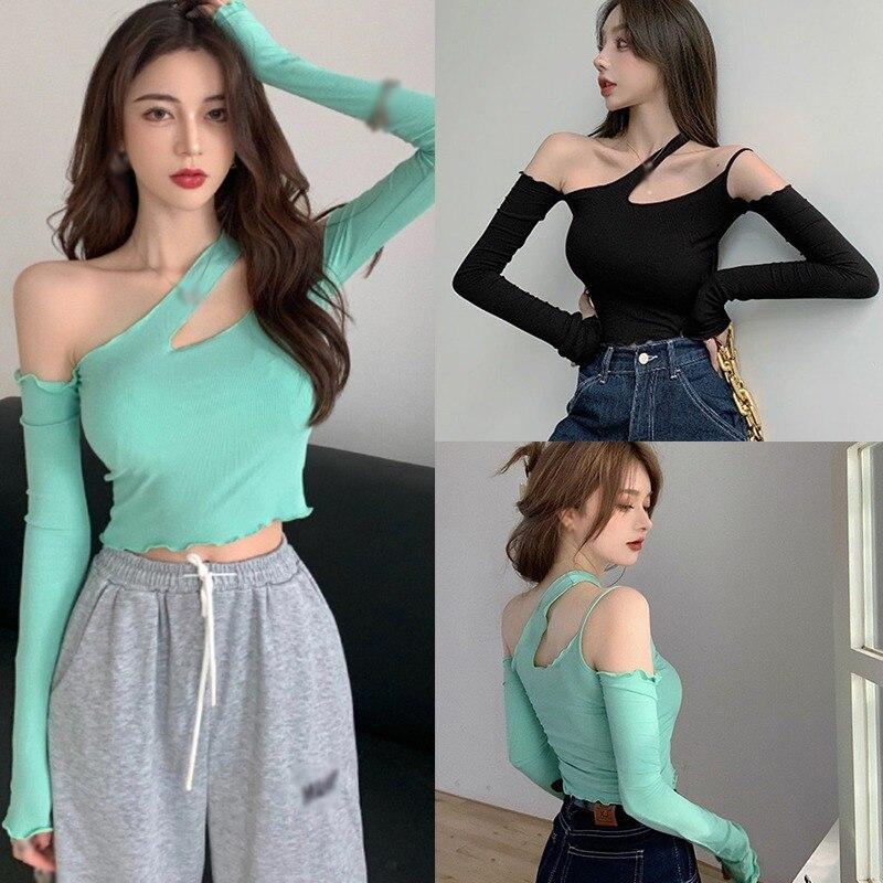 Women Asymmetrical Strapless Slim Sexy Navel Exposed Long Sleeve T Shirt Tops