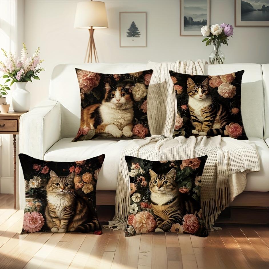 Elegant Cat - Floral Pillow CoversLiving Room Sofa Cushion Cover, Soft and Comfortable, Bedroom Room Decoration