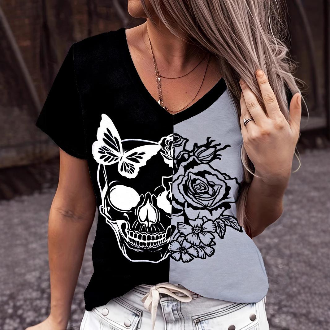 

Summer V-neck 3D Kull Printed Top Fashionable Casual Short Sleeved Women s T-shirts S