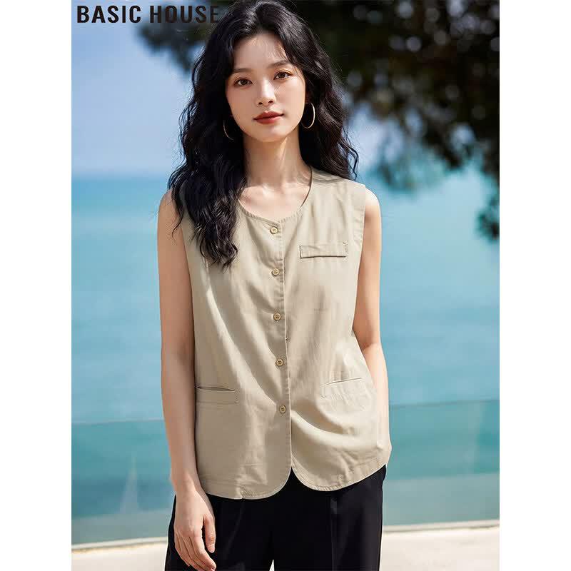 Basic House Women s Tencel Round Neck Sleeveless Vest Top One Size зеленые хаки